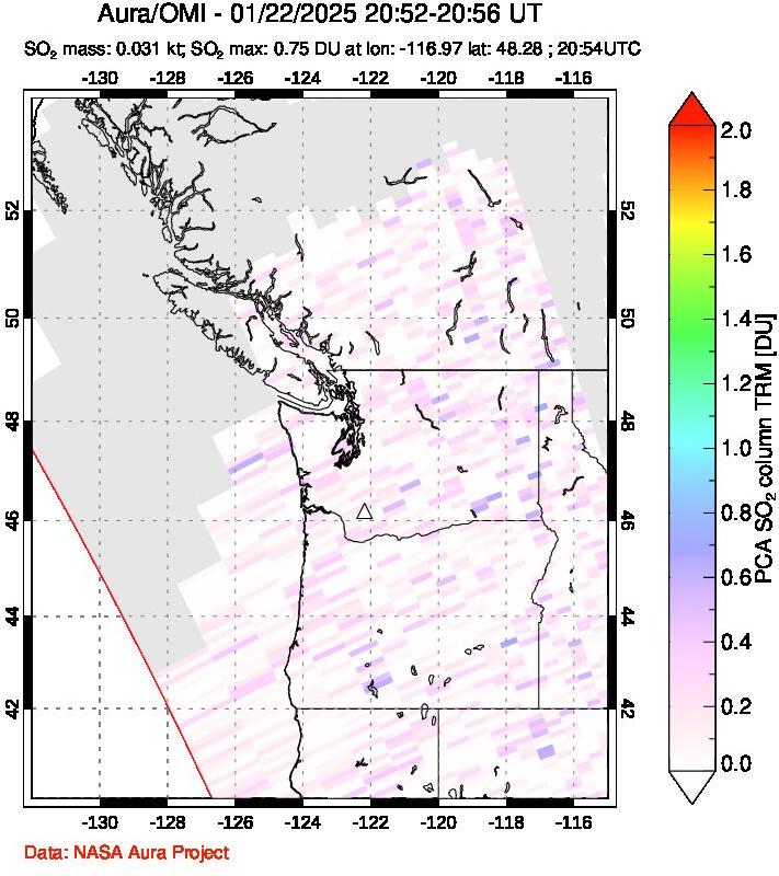 A sulfur dioxide image over Cascade Range, USA on Jan 22, 2025.