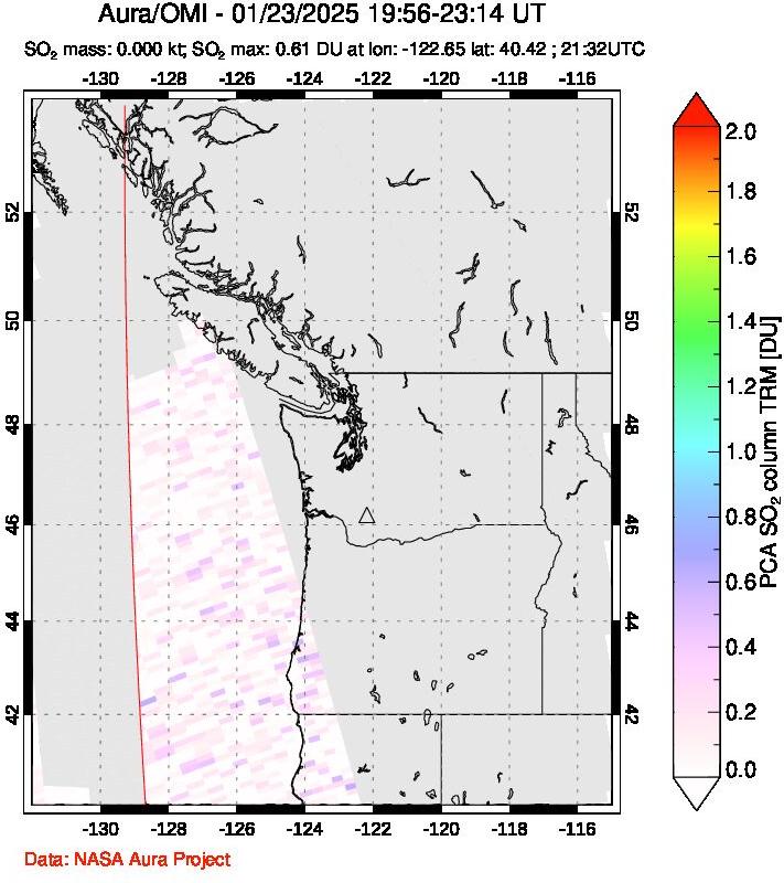 A sulfur dioxide image over Cascade Range, USA on Jan 23, 2025.