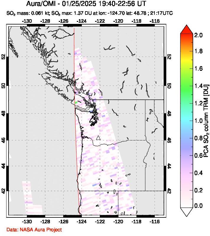 A sulfur dioxide image over Cascade Range, USA on Jan 25, 2025.