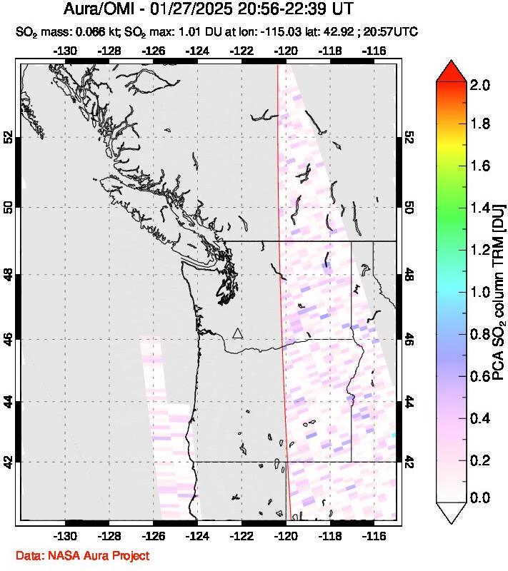 A sulfur dioxide image over Cascade Range, USA on Jan 27, 2025.