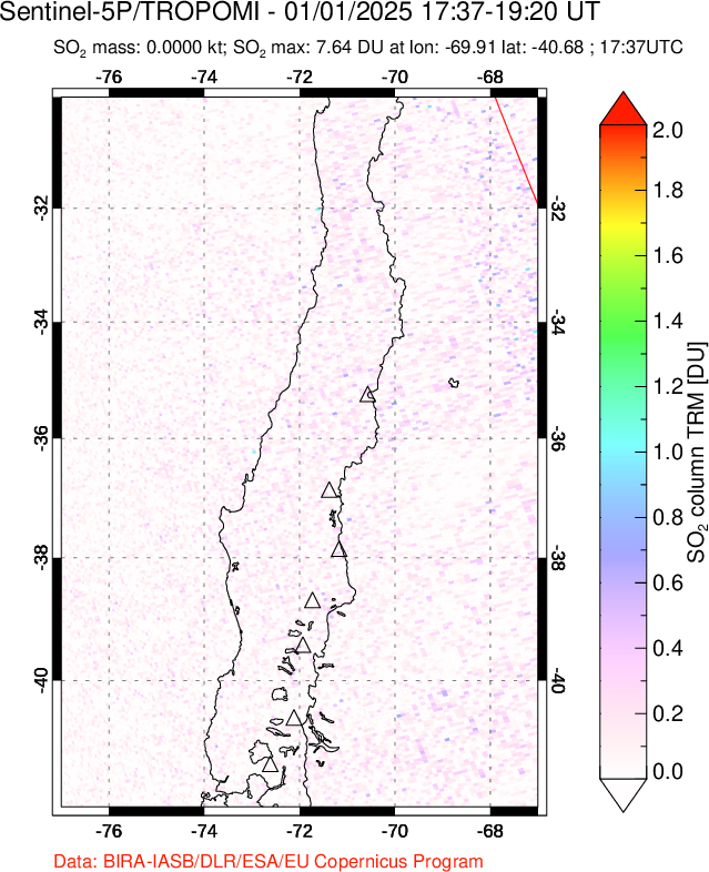 A sulfur dioxide image over Central Chile on Jan 01, 2025.