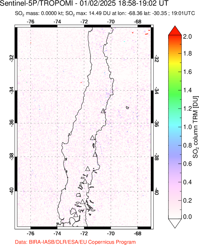 A sulfur dioxide image over Central Chile on Jan 02, 2025.