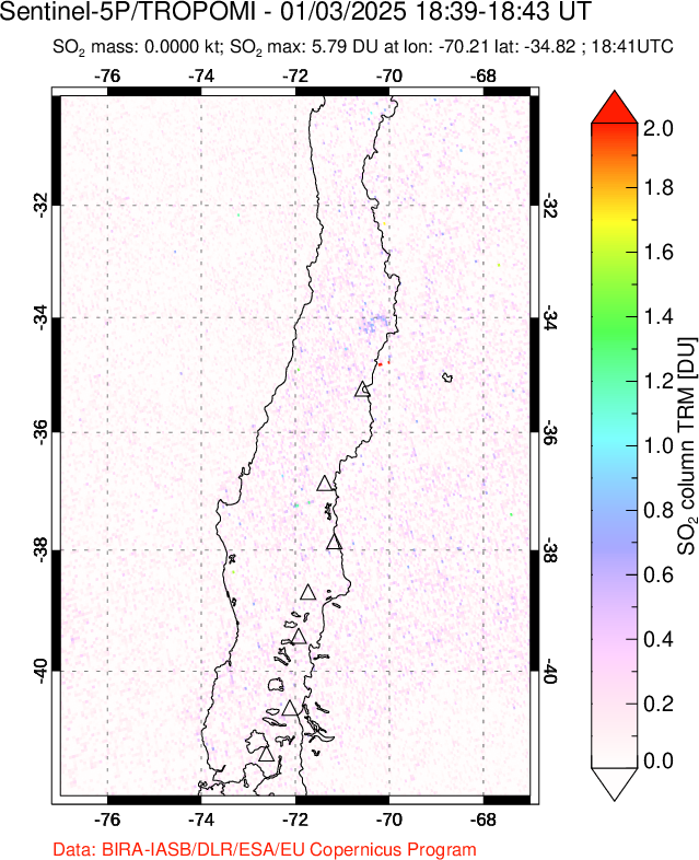 A sulfur dioxide image over Central Chile on Jan 03, 2025.