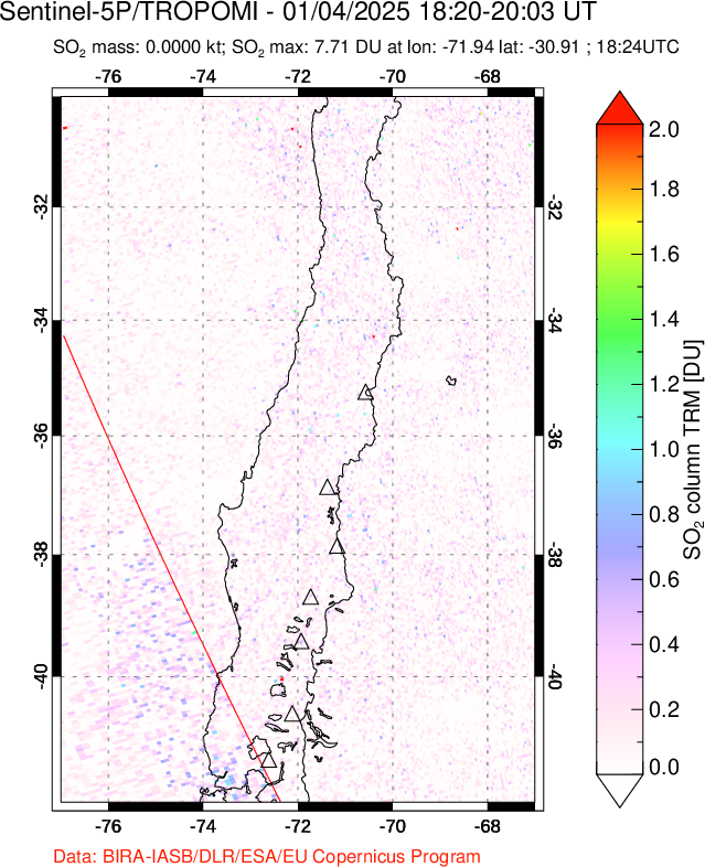 A sulfur dioxide image over Central Chile on Jan 04, 2025.