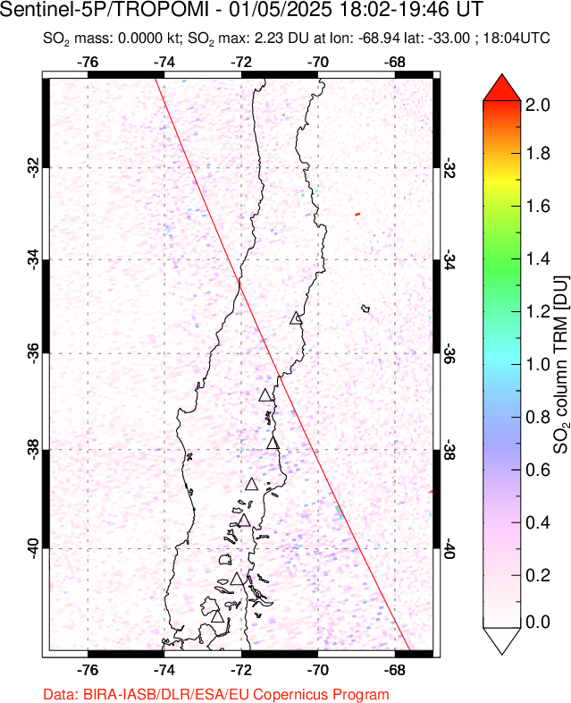 A sulfur dioxide image over Central Chile on Jan 05, 2025.