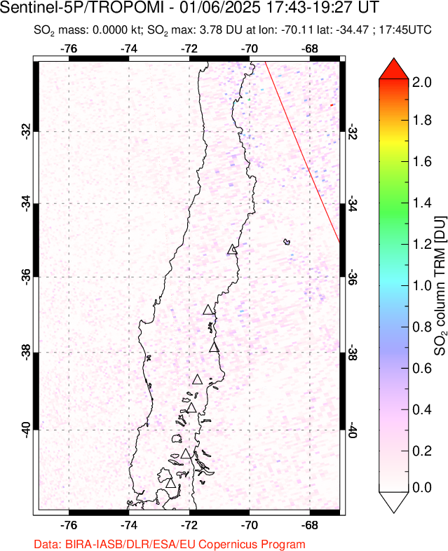 A sulfur dioxide image over Central Chile on Jan 06, 2025.