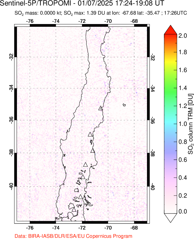 A sulfur dioxide image over Central Chile on Jan 07, 2025.