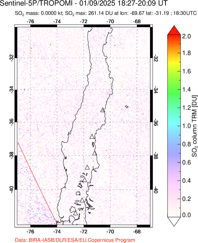 A sulfur dioxide image over Central Chile on Jan 09, 2025.