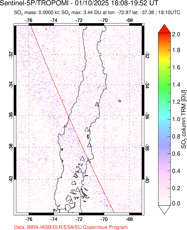 A sulfur dioxide image over Central Chile on Jan 10, 2025.