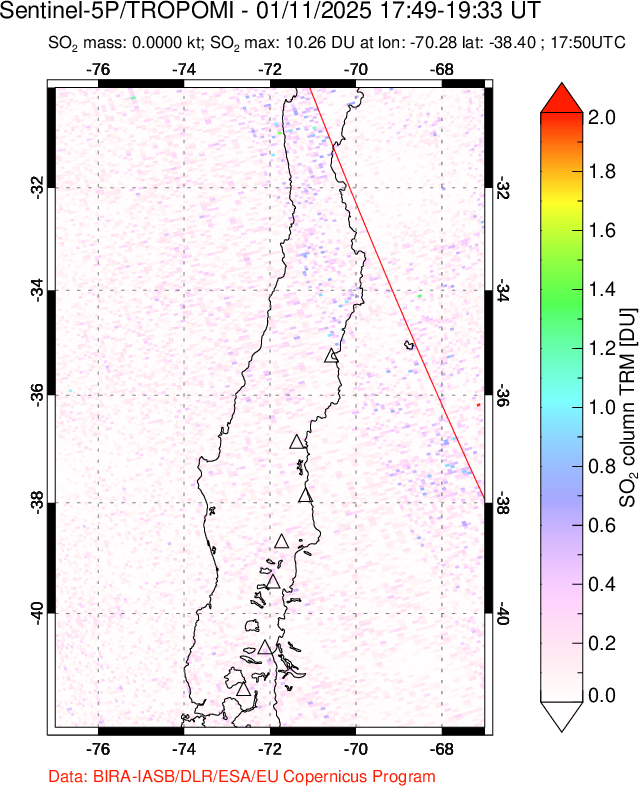 A sulfur dioxide image over Central Chile on Jan 11, 2025.