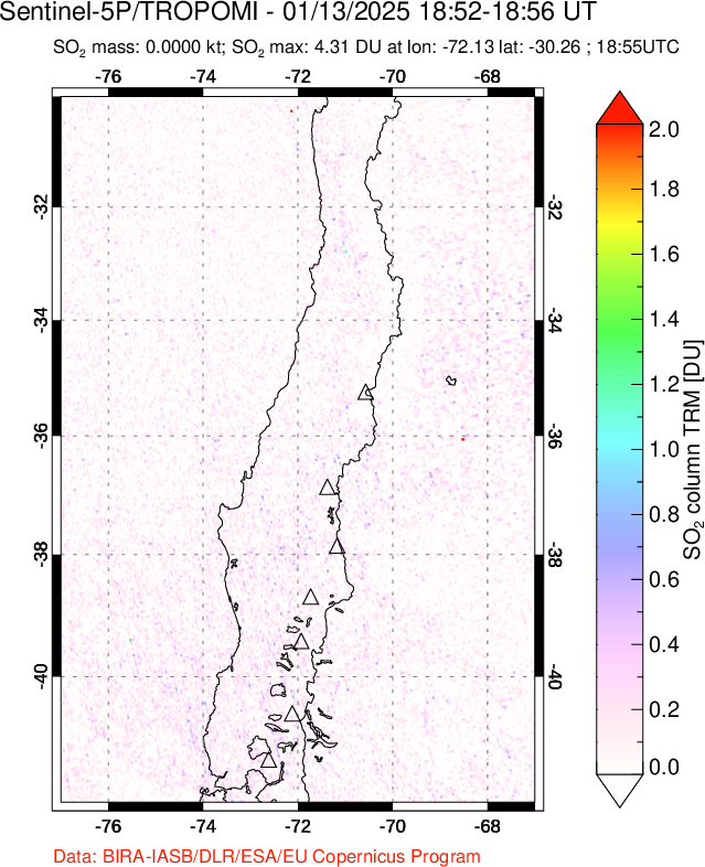 A sulfur dioxide image over Central Chile on Jan 13, 2025.