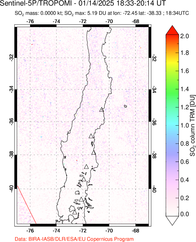 A sulfur dioxide image over Central Chile on Jan 14, 2025.