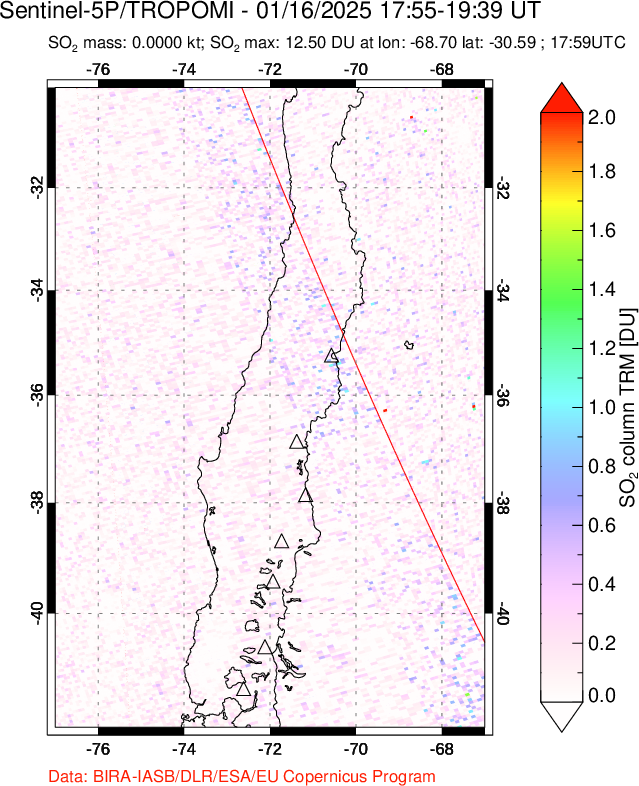 A sulfur dioxide image over Central Chile on Jan 16, 2025.