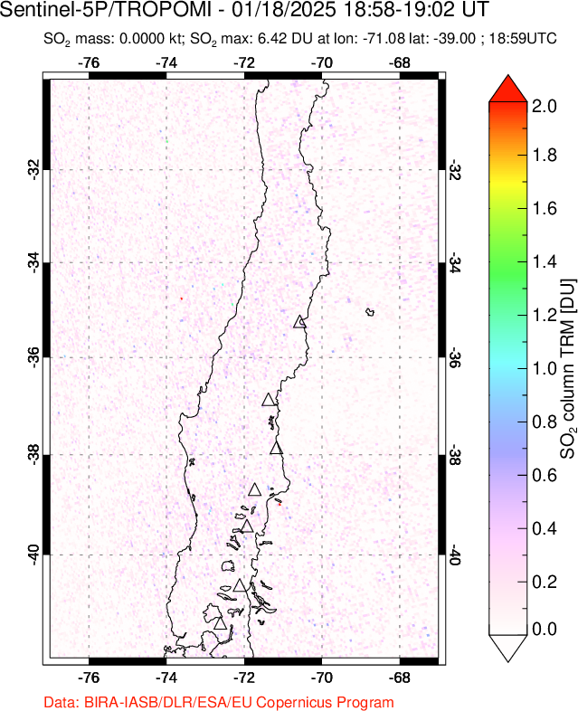 A sulfur dioxide image over Central Chile on Jan 18, 2025.