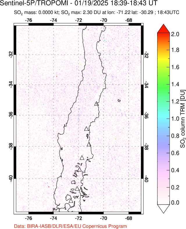 A sulfur dioxide image over Central Chile on Jan 19, 2025.