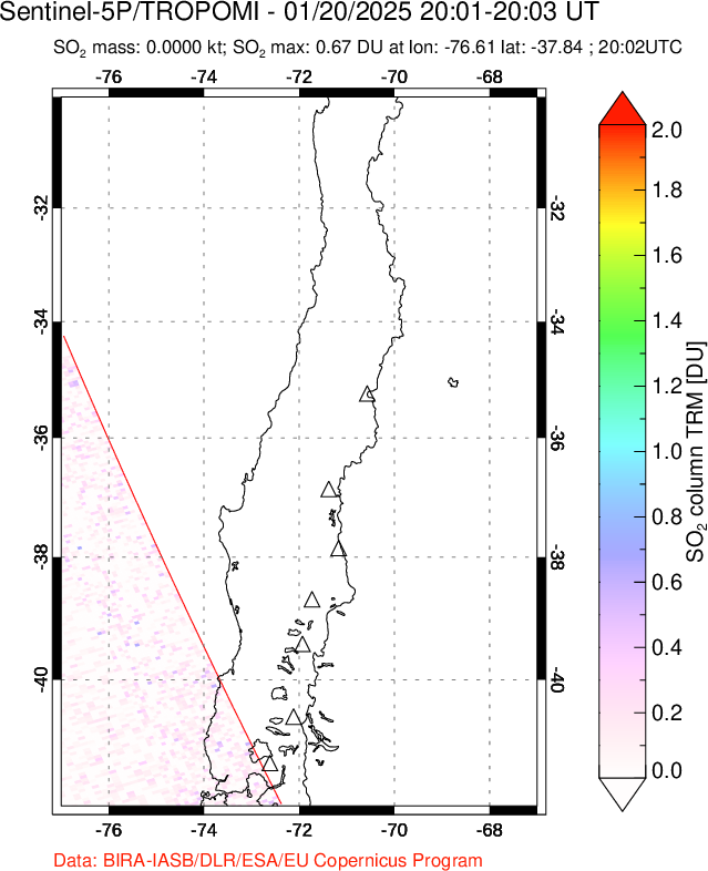 A sulfur dioxide image over Central Chile on Jan 20, 2025.