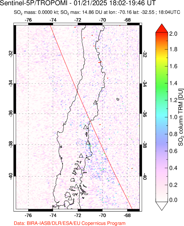 A sulfur dioxide image over Central Chile on Jan 21, 2025.