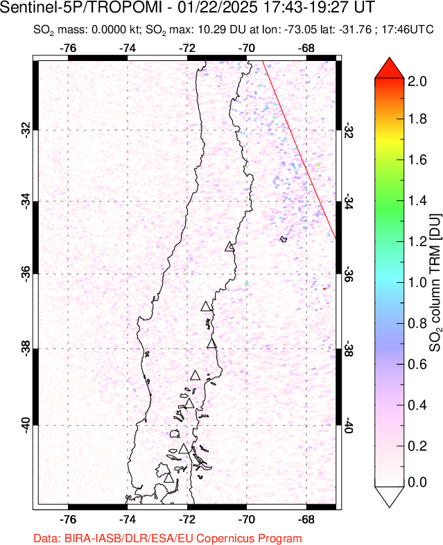 A sulfur dioxide image over Central Chile on Jan 22, 2025.