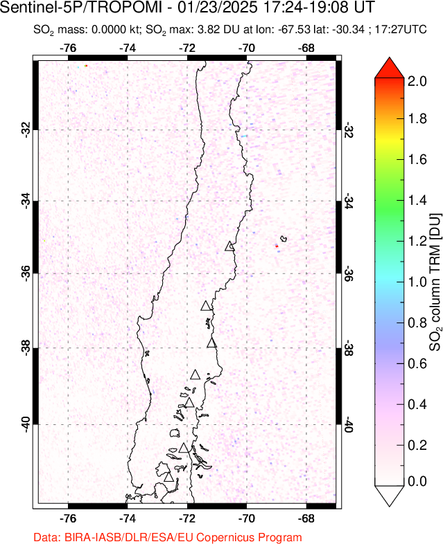 A sulfur dioxide image over Central Chile on Jan 23, 2025.