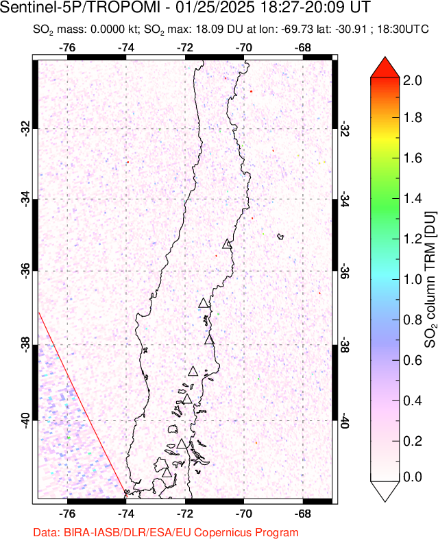 A sulfur dioxide image over Central Chile on Jan 25, 2025.