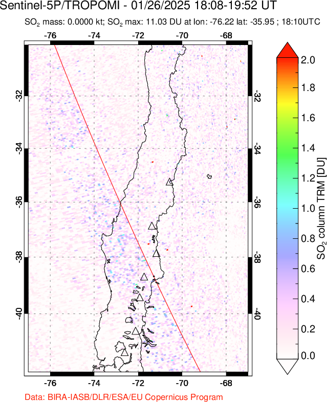 A sulfur dioxide image over Central Chile on Jan 26, 2025.