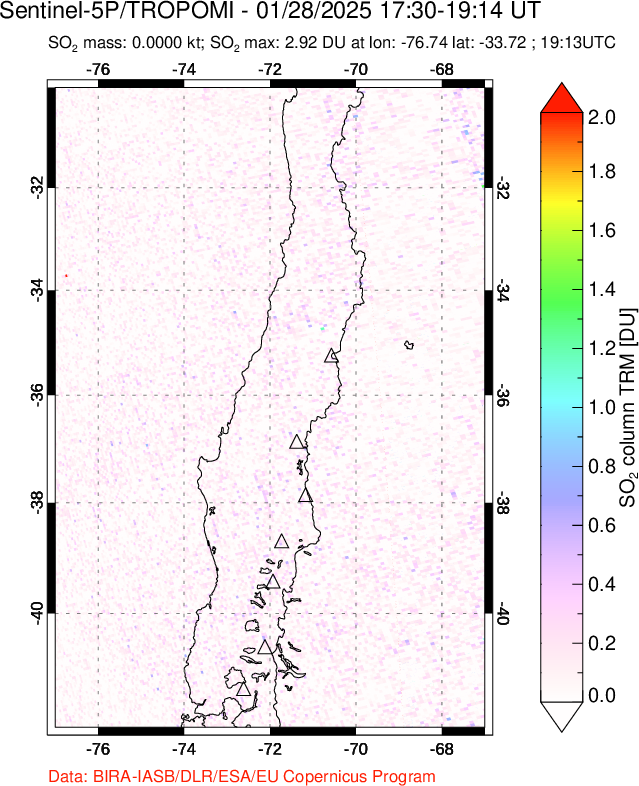 A sulfur dioxide image over Central Chile on Jan 28, 2025.