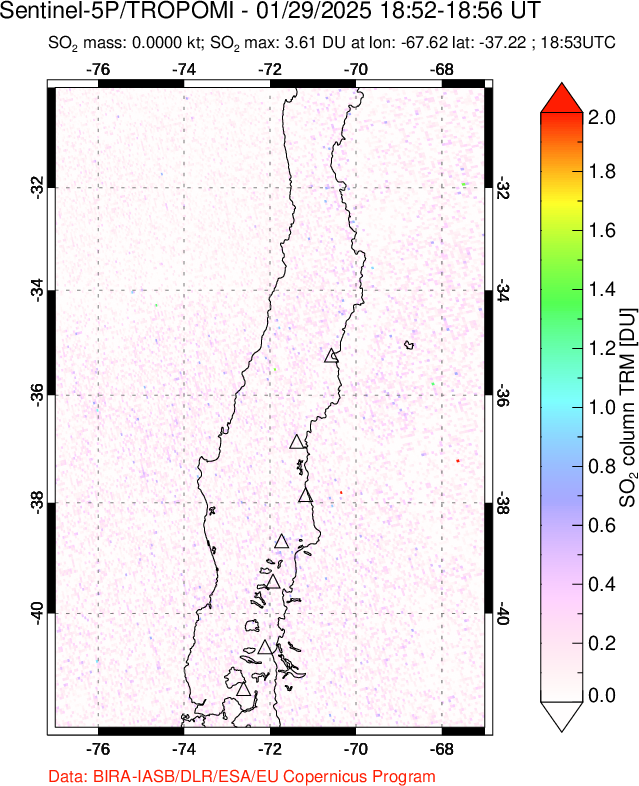 A sulfur dioxide image over Central Chile on Jan 29, 2025.