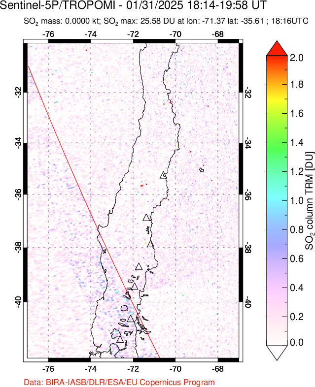 A sulfur dioxide image over Central Chile on Jan 31, 2025.