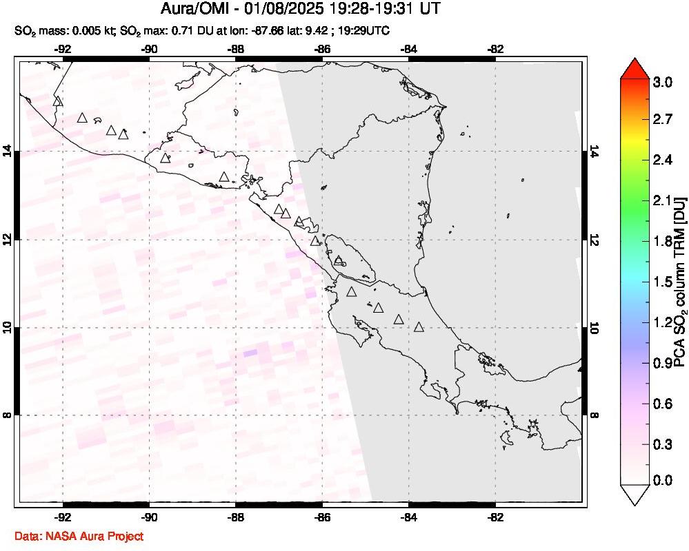 A sulfur dioxide image over Central America on Jan 08, 2025.