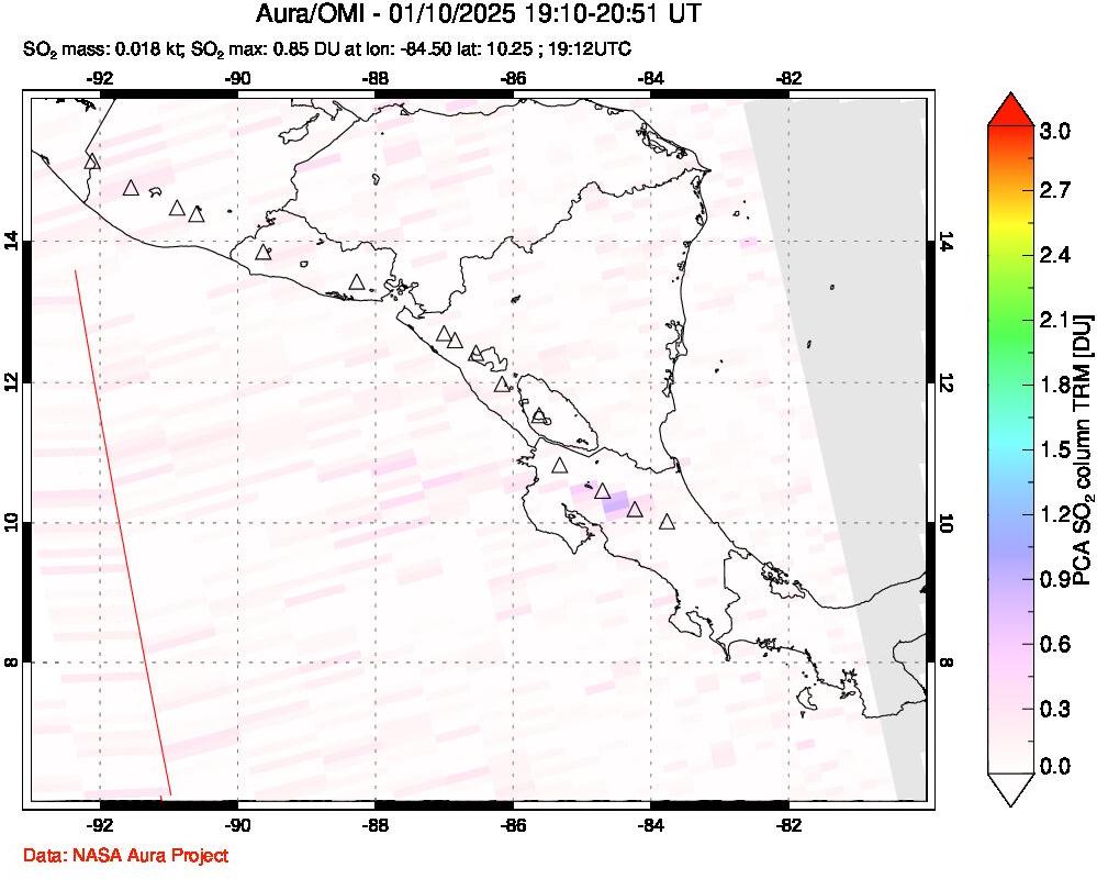 A sulfur dioxide image over Central America on Jan 10, 2025.