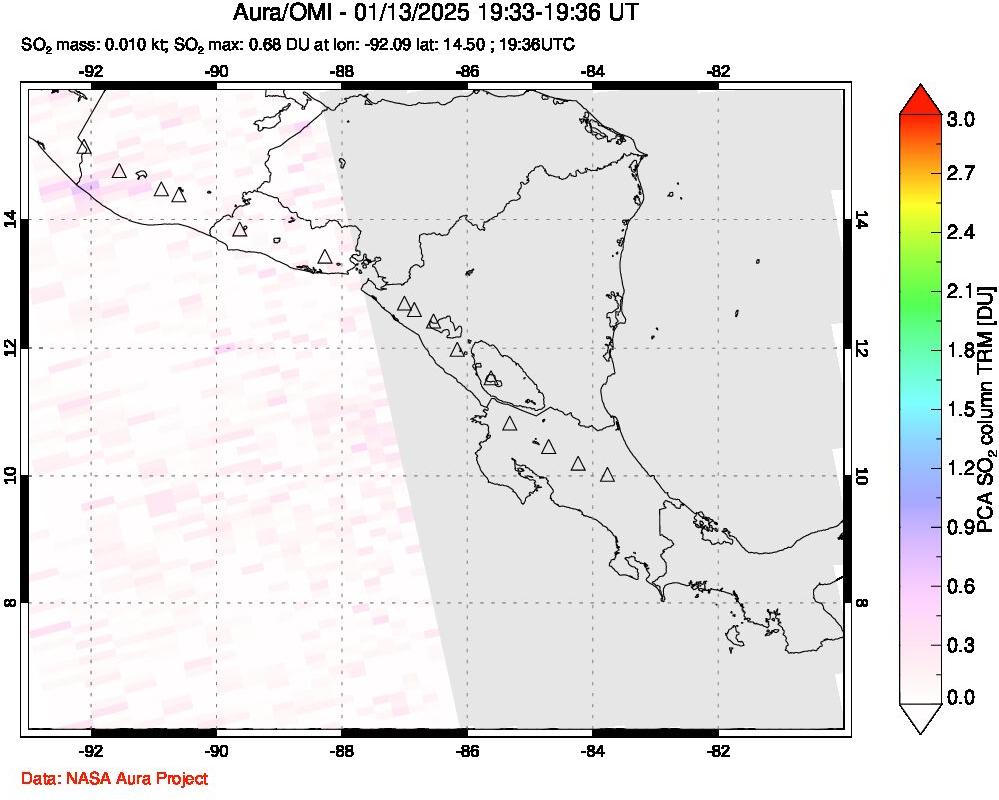 A sulfur dioxide image over Central America on Jan 13, 2025.