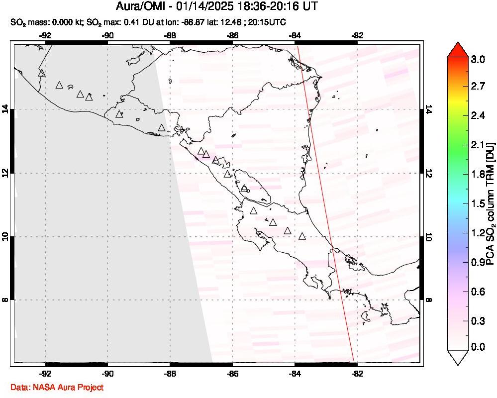 A sulfur dioxide image over Central America on Jan 14, 2025.