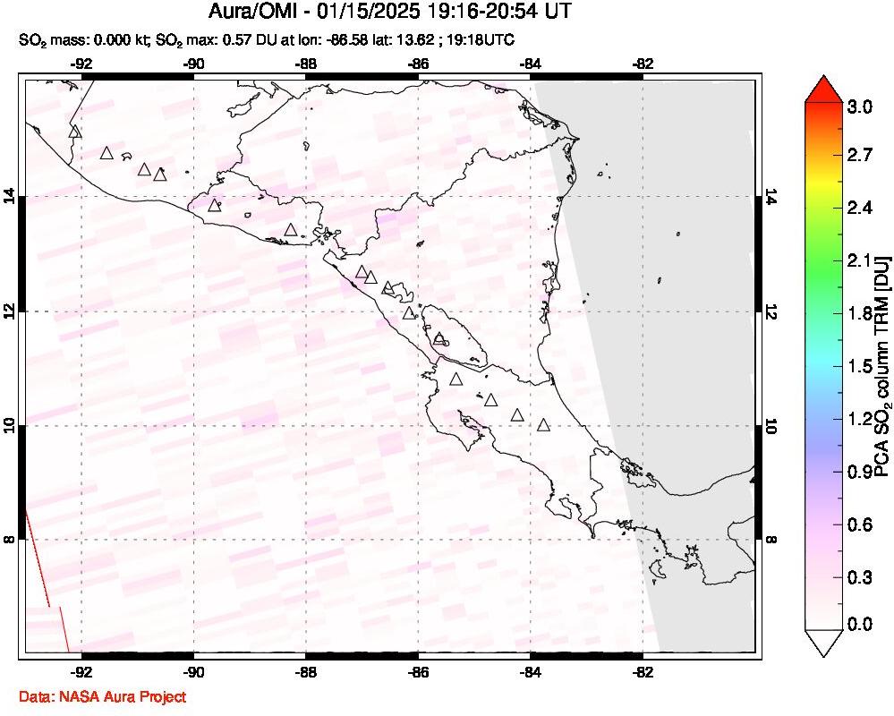 A sulfur dioxide image over Central America on Jan 15, 2025.