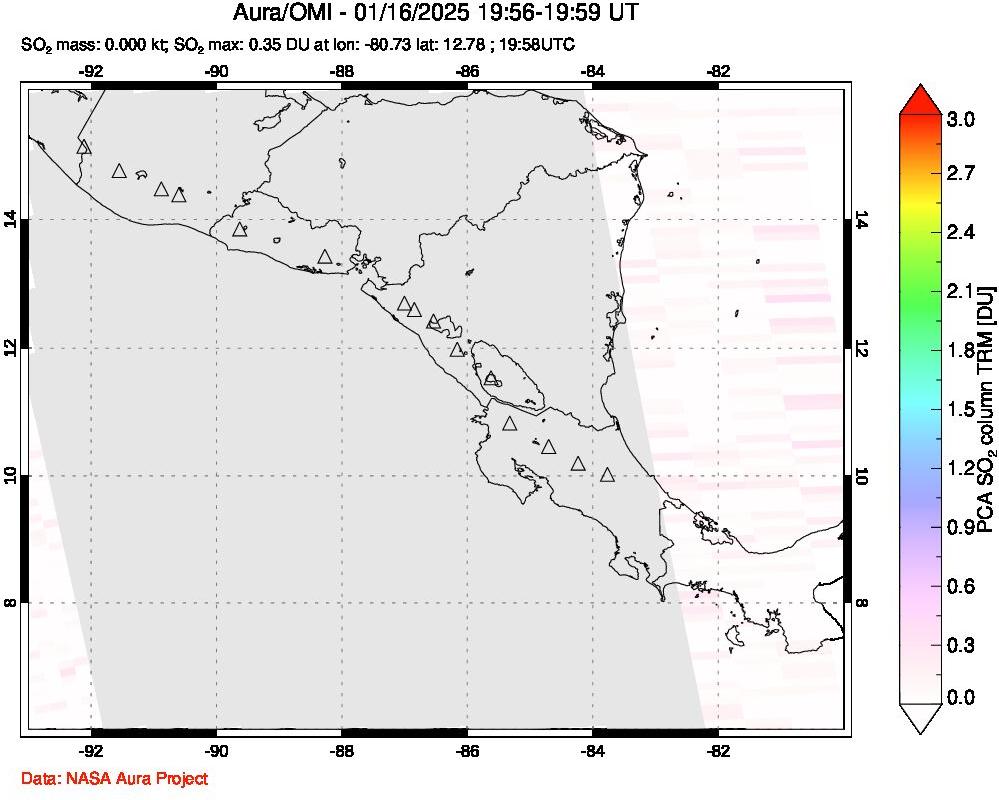 A sulfur dioxide image over Central America on Jan 16, 2025.