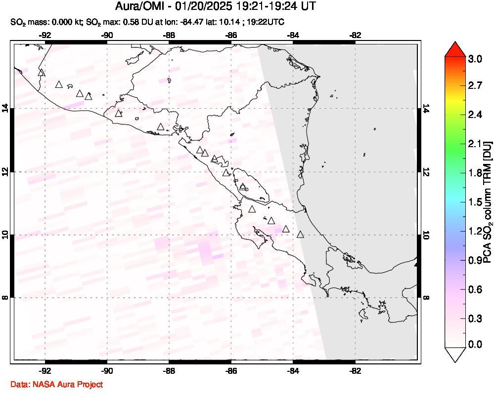 A sulfur dioxide image over Central America on Jan 20, 2025.