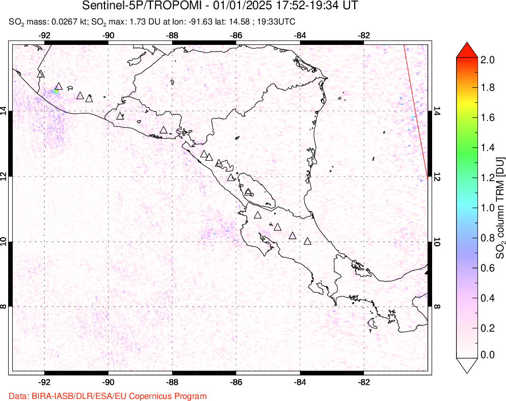 A sulfur dioxide image over Central America on Jan 01, 2025.