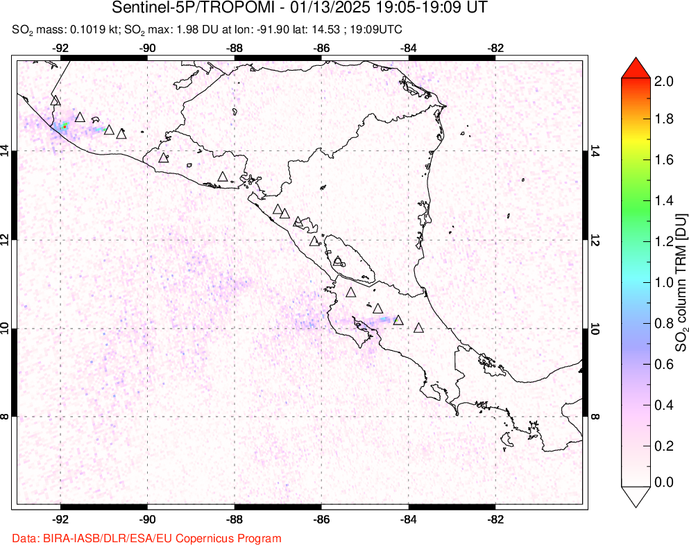 A sulfur dioxide image over Central America on Jan 13, 2025.