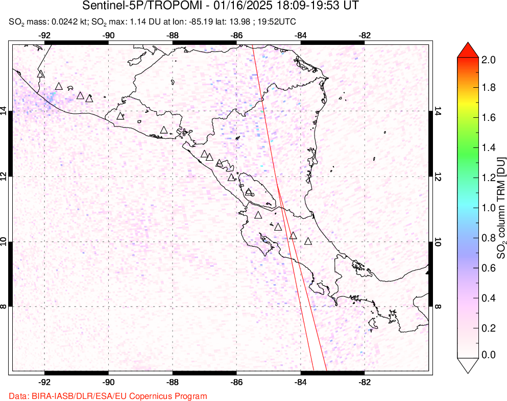 A sulfur dioxide image over Central America on Jan 16, 2025.