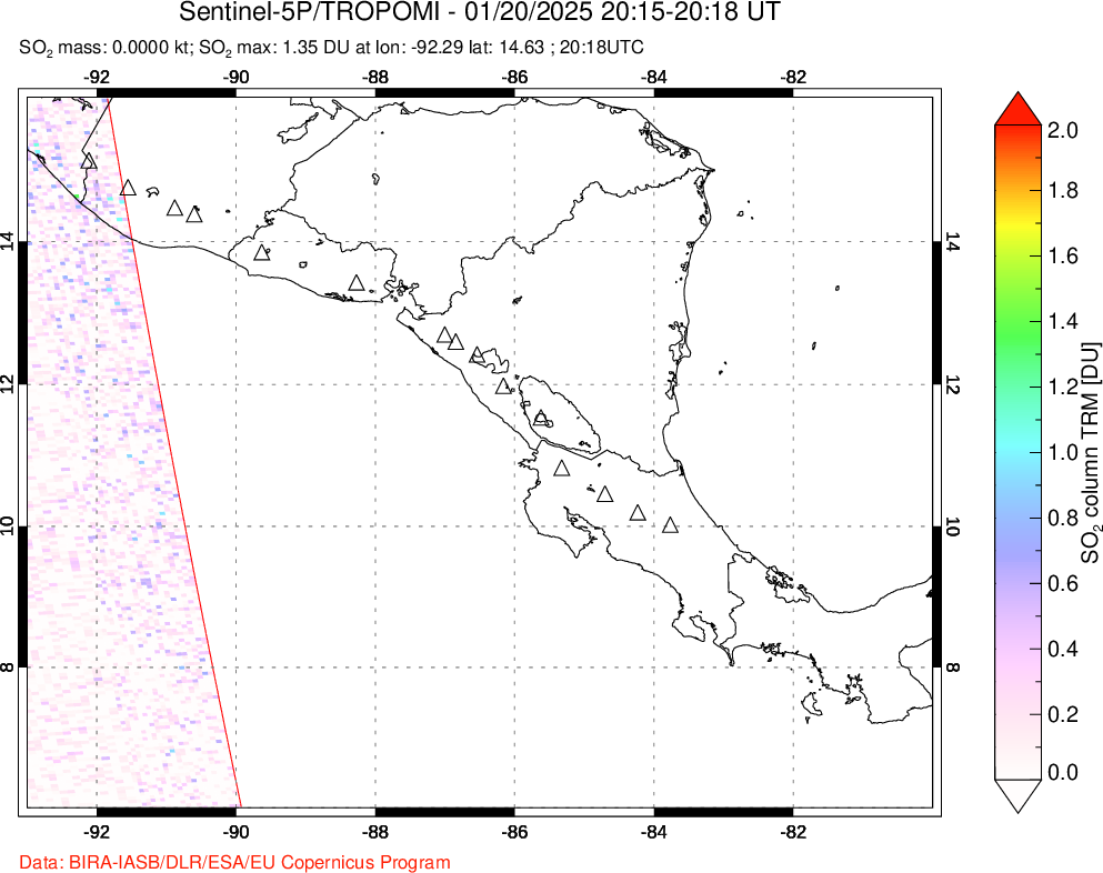 A sulfur dioxide image over Central America on Jan 20, 2025.