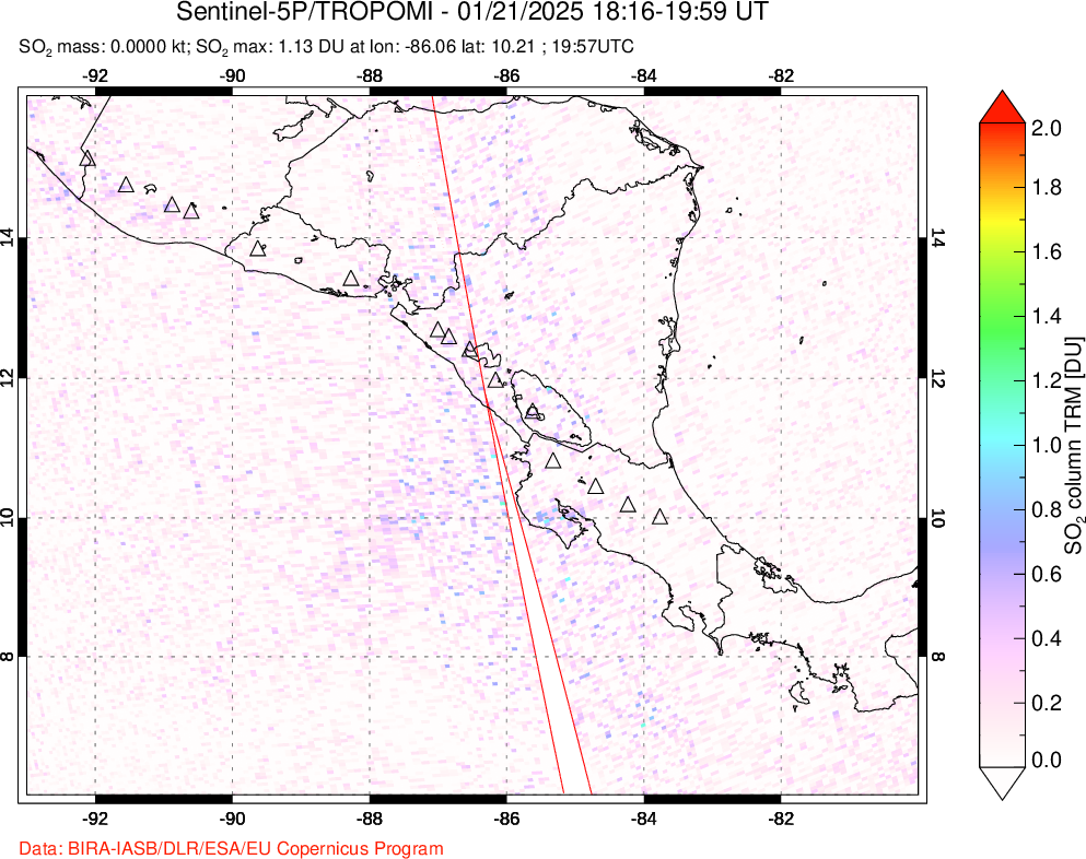 A sulfur dioxide image over Central America on Jan 21, 2025.