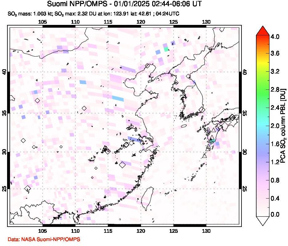 A sulfur dioxide image over Eastern China on Jan 01, 2025.