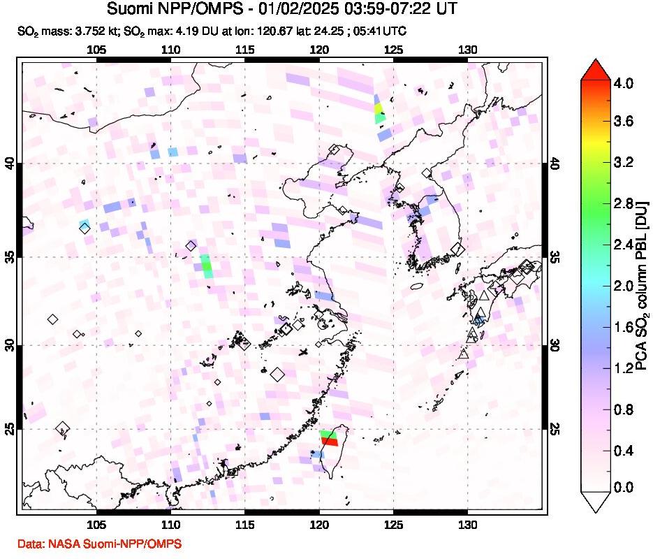 A sulfur dioxide image over Eastern China on Jan 02, 2025.