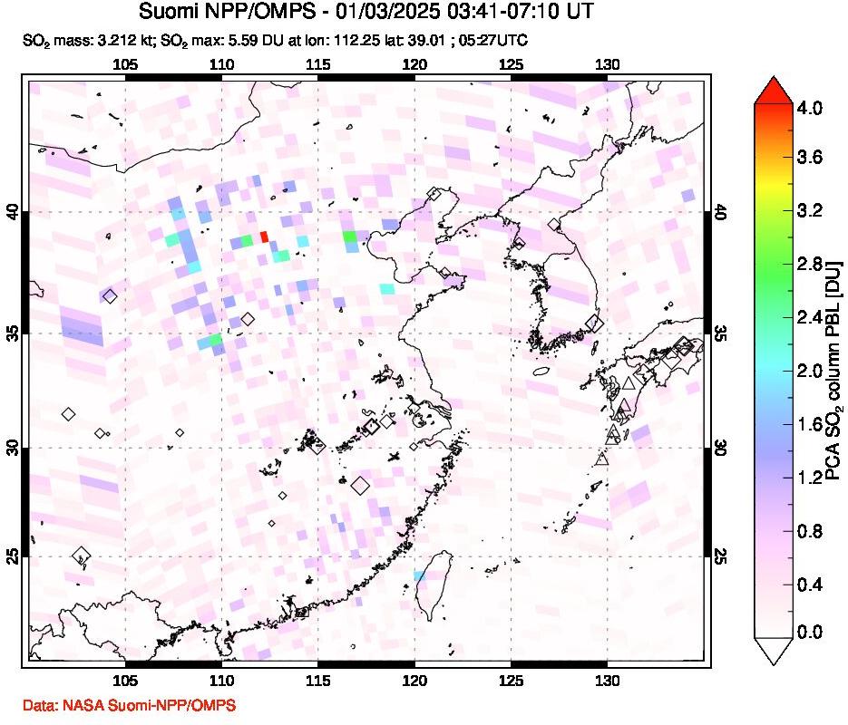 A sulfur dioxide image over Eastern China on Jan 03, 2025.