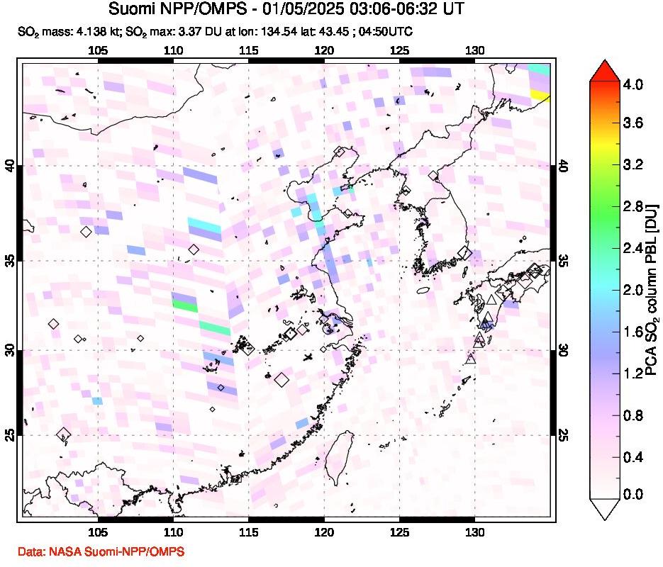 A sulfur dioxide image over Eastern China on Jan 05, 2025.