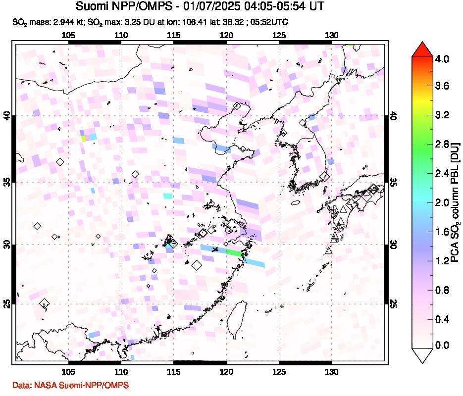 A sulfur dioxide image over Eastern China on Jan 07, 2025.