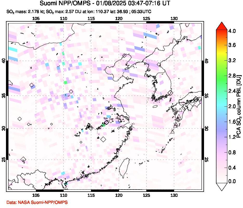 A sulfur dioxide image over Eastern China on Jan 08, 2025.