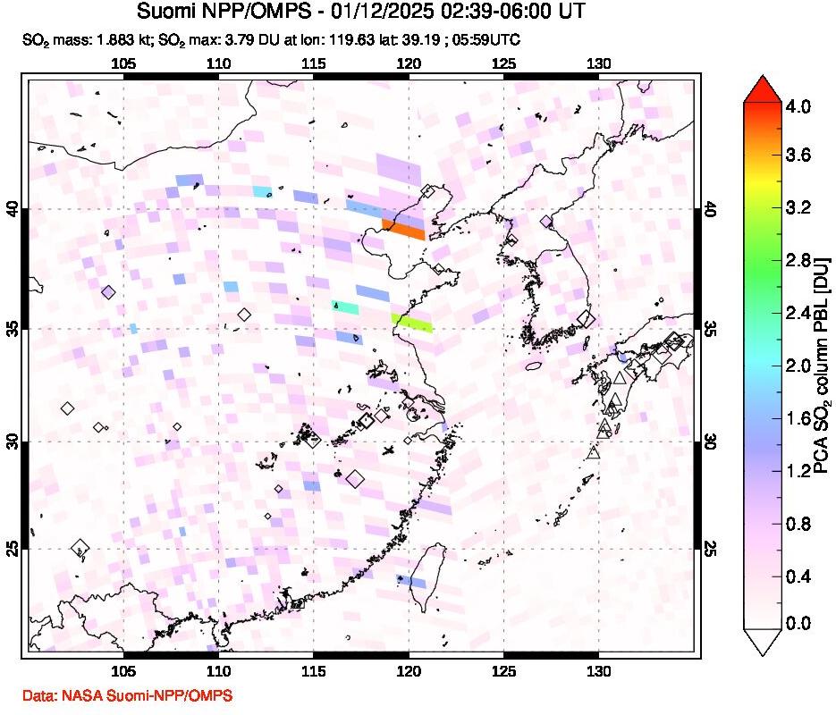 A sulfur dioxide image over Eastern China on Jan 12, 2025.