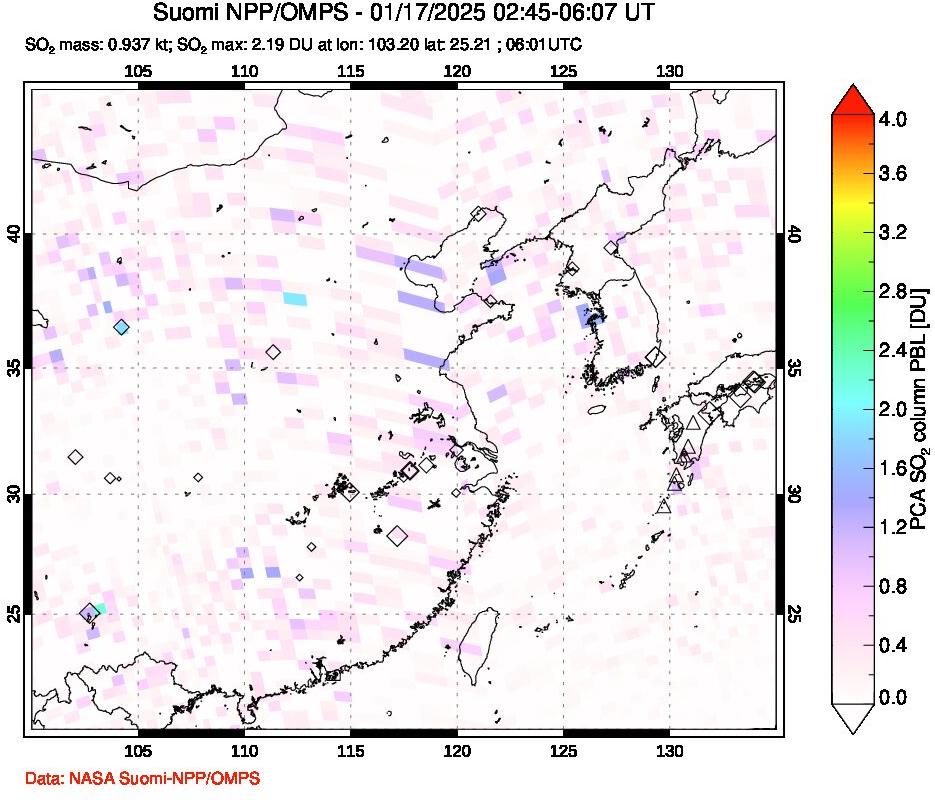 A sulfur dioxide image over Eastern China on Jan 17, 2025.