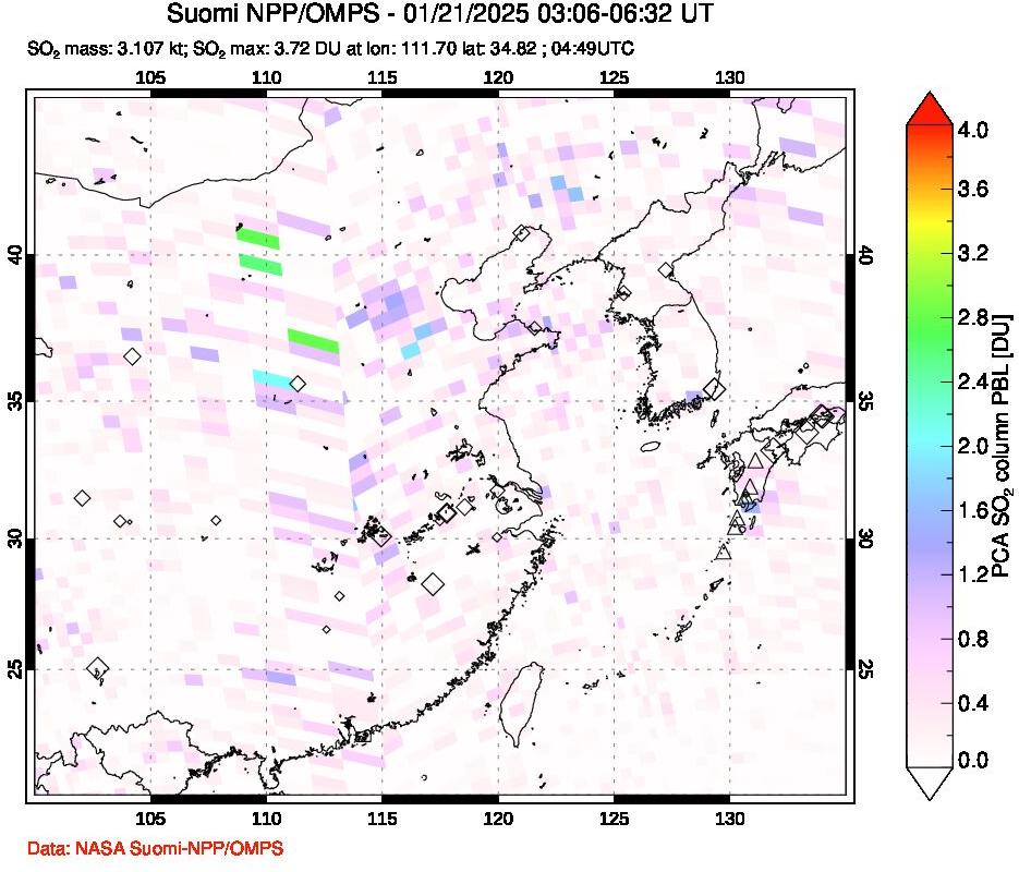 A sulfur dioxide image over Eastern China on Jan 21, 2025.