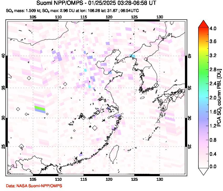 A sulfur dioxide image over Eastern China on Jan 25, 2025.